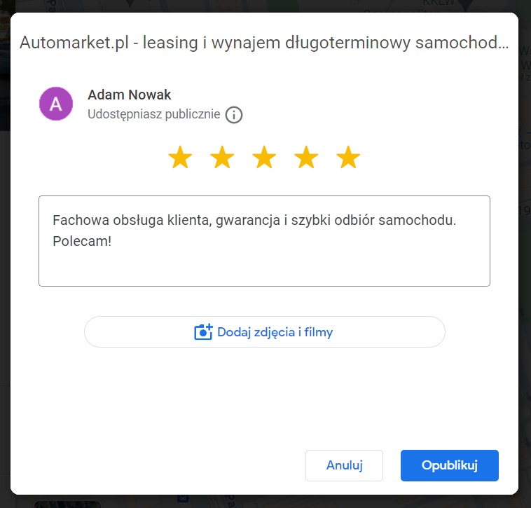 Po rejestracji nowego konta w Google można dodać opinię